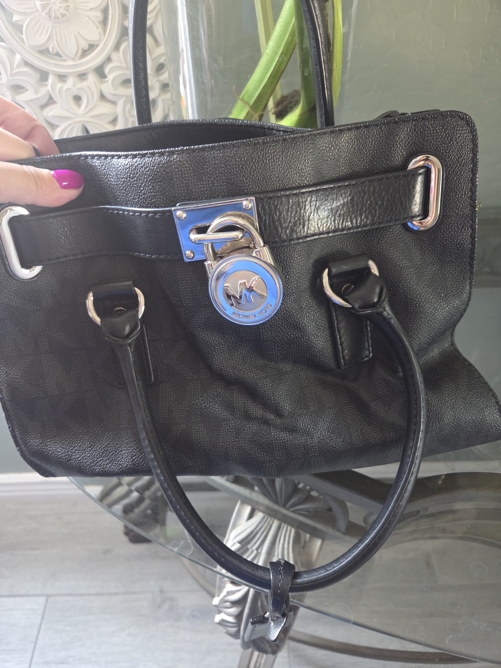 Michael Kors Black Leather Logo Lock Satchel